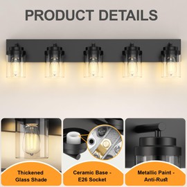 IZORRO Bathroom Vanity Light Fixture, 5-Light 36 Inch Matte Black Bathroom Light Fixtures Over Mirror, with Clear Glass Shade, Modern Farmhouse Vanity Lights, Rustic Restroom Lighting Fixtures