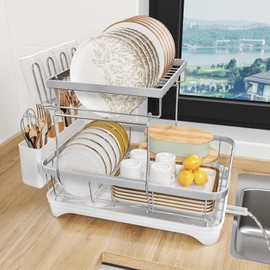 HOMEAILIE Dish Drying Rack for Kitchen Counter, 2-Tier 304 Stainless Steel Dish Rack with Adjustable Drainage Board, Removable Cup Holder, Utensil Holder, White