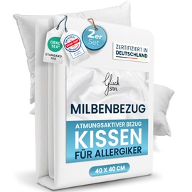 Glückstoff® Set of 2 Mite Cover Pillows 40 x 40 cm [Certified in Germany] - Premium Pillow Protector Encasing Mites - Allergy Sufferers Pillow Protection Cover - Allergy Bed Linen Anti Dust Mite