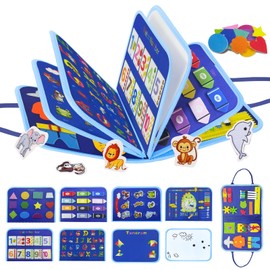 Bdwing Montessori Busy Board from 3 Years - Felt Motor Skills Toy with Letters, Numbers, Colours, Shapes & Clock - Activity Board & Quiet Book for Toddlers Travel Car Plane - Blue
