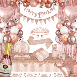 Birthday Decorations for Women/Girls, Rose Gold Decorations Include happy Birthday Banner/Balloons/Sash/Table Cloth Decoration, Triangle Flag, Foil Curtains, Rose Gold Balloons for Women/Girls