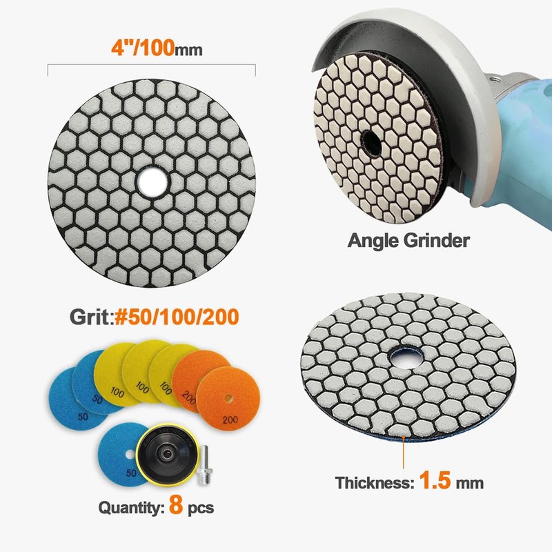 BRSCHNITT Dry Diamond Polishing Disc Set 100 mm - #50x3/100x3/200x2