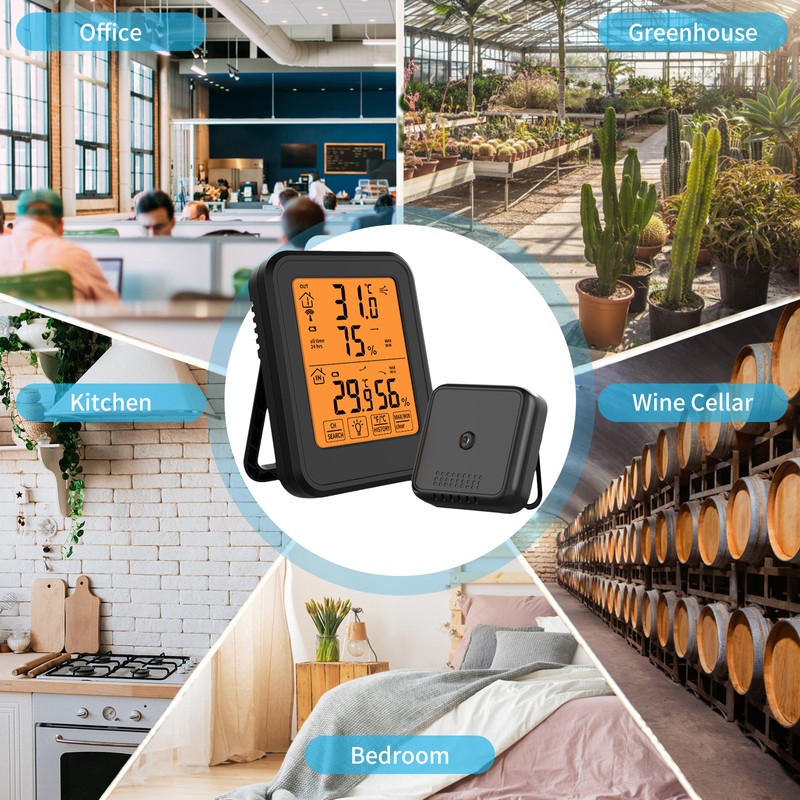 Indoor & Outdoor Hygrometer Thermometer with Orange Backlight LCD Display