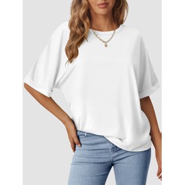 MIROMIHO Work Shirts for Women Oversized Short Sleeve Loose Fit Crewneck Summer Casual Blouse Cute Teen Girl Tshirts White