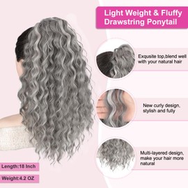 AISI BEAUTY Grey Highlights Curly Ponytail Extension 18 Inch Drawstring Ponytail for Women Clip in Synthetic Curly Pony Tails Hair Piece