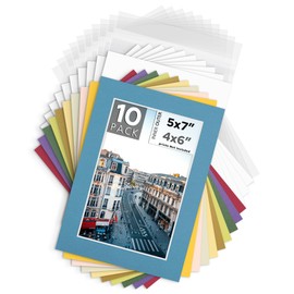 Mat Board Center, Pack of 10, 5x7 for 4x6 Mix Color Mat Kit - Acid Free, 4-ply Thickness, White Core - Includes Backing Boards and Clear Bags - for Pictures, Photos, Framing