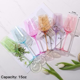 Physkoa Colored Wine Glasses Set of 6-15oz Hand Blown Crystal Colorful Glassware with Long Stem, Multicolor Glassware for Wine Lovers, Wedding, Birthday Christmas Gifts for Women