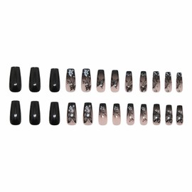 MISUD Coffin Press on Nails Long Fake Nails Glossy Glue on Nails Goth Black Ombre Acrylic Nail Supplies Ballerina Artificial Nail Art Gothic Butterfly Stick on False Nails with Design DIY 24 pcs