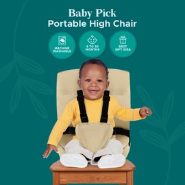 Portable High Chair by Baby Pick- Foldable High Chair for Travel with Adjustable Shoulder Straps- Compact Harness Seat for Babies & Toddlers- Easy to Use Washable Feeding Safety Seat- Beige