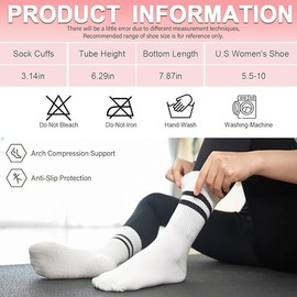 Pilates Socks for Women with Non Slip Grippers, Yoga Crew Socks for Barre Hospital Sticky Slipper Socks (CA/US, Alpha, One Size, Regular, Regular, 3, Black + White + Gray)