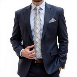 DiBanGu Silk Zipper Ties for Men,Paisley Solid Plaid Pre-tied Tie and Pocket Square Cufflinks Set Formal Adjustable Necktie, Silver