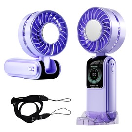 GZEduld Blows Cold Air Portable Handheld Fan with Stand & Lanyard, 5000mAh USB-C Rechargeable Battery, 12H/5-Speed LED Display Mini Fan for Travel Beach Cruise Concerts Outdoor Events(Fantasy Purple)