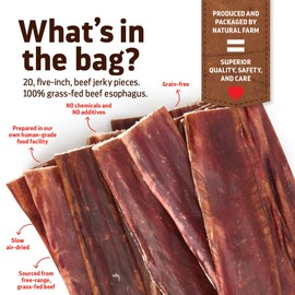 Natural Farm Beef Jerky Gullet Sticks Flat - 5" Long (20-Units), Grass-fed Beef, Glucosamine & Chondroitin, Rich Flavor, Highly Digestible, Chewy Yet Tender