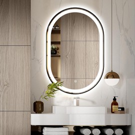 TheiaMo Oval LED Bathroom Mirror, 36"x24" Lighted Wall Mounted Vanity Mirror with Metal Frame, Anti-Fog IP66 Waterproof Smart Mirror, Memory Function,3000-6000K(Horizontal or Vertical), Black