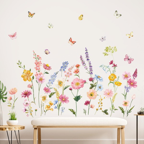 decalmile Summer Garden Flower Wall Decals Daisy Wildflower Grass Butterflies Wall Stickers Bedroom Living Room Home Office Wall Decor