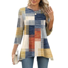 LOMON Women's Summer Tops Tunics to Wear With Leggings 3/4 Sleeve Flowy Shirts for 2025 Trendy Clothing with Elbow Length Blocks M