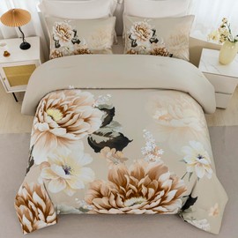 RYNGHIPY Floral Comforter Set Queen Size Taupe Bedding Comforter Sets Lightweight Fluffy Botanical Flowers Comforter and 2 Pillow Cases (Taupe,Queen Size)