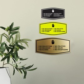 Fancy No Soliciting No Politics No Religion No Sales No Flyers No Exceptions Sign (Brushed Gold) - Small 2 Pack