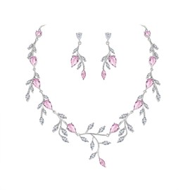 EVER FAITH Women's Wedding Jewelry Sparkly Pink Cubic Zirconia Pear-Shaped Teardrop Bridal Birthstone Necklace Earrings Set for Prom Party