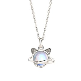 Bellitia Jewelry 925 Sterling Silver Moonstone Pendant Necklace for Women, Cosmic Cat Motif Necklace with 45cm Adjustable Collarbone Chain for Her