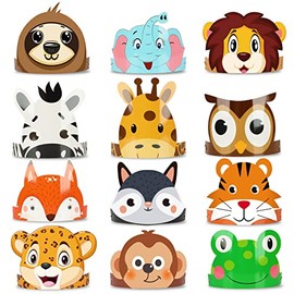 chiazllta 12 Pieces Jungle Safari Hats Wild Birthday Paper Crowns Zoo Animal Party Headbands for Kids, Jungle Photo Booth Props Favor Supplies Decorations