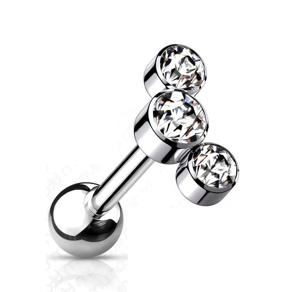 PiercedOff Titanium Cartilage Barbell with 3-Bezel Set Round Clear Austrian