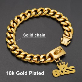 15mm Wide Gold Dog Chain Collar with Pendant Tag,18K Gold Plated Stainless Steel Walking Metal Cuban Link Chains Collars Strong Chew Proof for Small Medium Dogs(14inch)