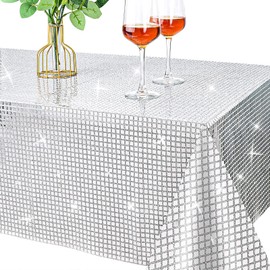 Datyiiha 54 x 108 Inches Disco Party Tablecloth Mirror Silver Foil Table Cloth Glitter Metallic Table Cover Sparkle Table Runner for 70s 80s Disco Dance Party Wedding Home Table Decorations