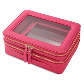 Aveniee Clear Makeup Bags, Double Layer Cosmetic Bags with a Separate Brush Compartment, Large Travel Toiletry Bag Train Case for Women, Travel Accessories Organizer(2 Layers Large, Hotpink)