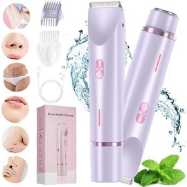 Oceantree Bikini Trimmer for Women, Electric Shaver and Razor Rechargeable 2-in-1 Body and Facial Epilator, Dual Heads for Painless Trimming of Pubic Hair, Face, Underarms and Legs, Summer Gift:_Blue