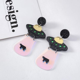 TENDYCOCO UFO Dangle Earrings Alien Spaceship Drop Ear Stud Ear Jewelry for Women Girls Ladies Black