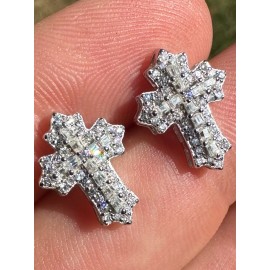Hip Hop Gothic Cross Large Earrings Real 925 Sterling Silver Iced Hip Hop Mens Ladies
