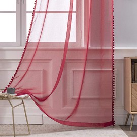 MIULEE 2er Set Vorhang Sheer mit Ösen Transparente mit Pompons Gardine aus Voile Polyester Ösenvorhang Transparent Wohnzimmer Luftig Dekoschal für Schlafzimmer 140 x 225cm (B x H) Weinrot