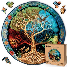 LEOGOR Wooden Jigsaw Puzzle for Adults - Eternal Tree of Life - (200 Piece, Medium, 11.9 x 12 in) - Nature Inspired Round Design - Whimsical Wood Cut Animal Shapes
