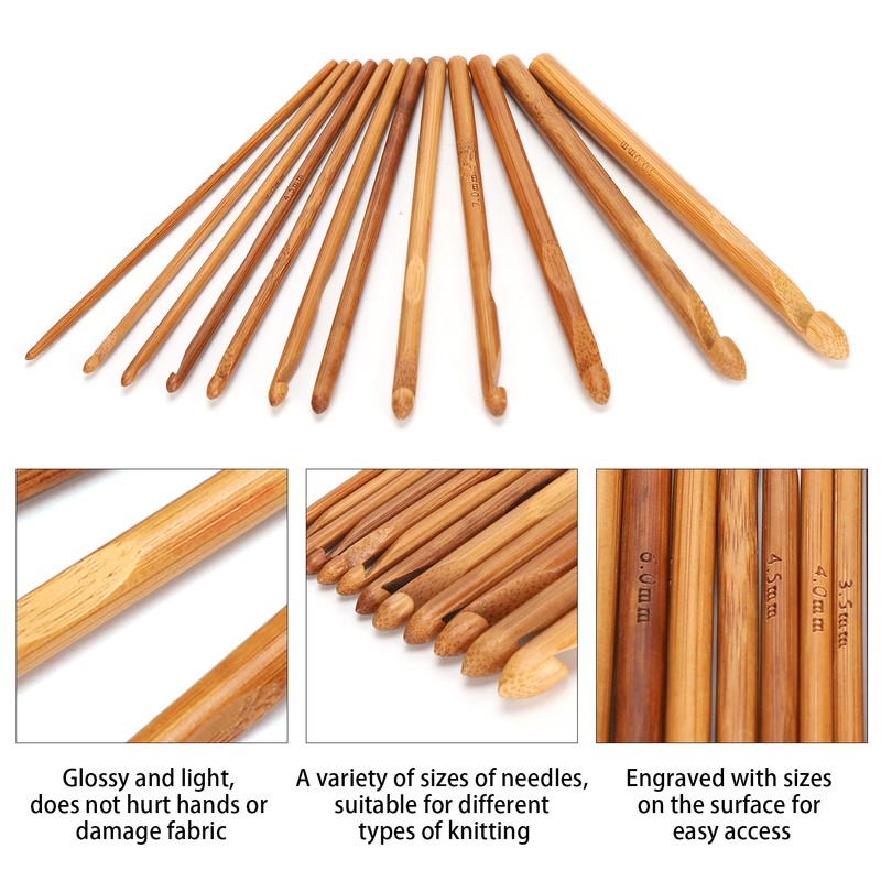 12Pcs Crochet Hook Cylindrical Carbonized Bamboo Needles Kit Sweater Knitting