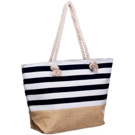 Brandsseller Beach bag, swimming bag, maritime with zip, canvas, approx. 50 x 36 x 15 cm, shoulder bag, shopping bag, bath bag, Striped/Black