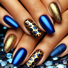 LWTZLW Fall Leopard Press on Nails Short Square Fake Nails Gold Glitter Full Cover Glue on Nails Blue Gold Design Oval Acrylic False Nail Autumn Glossy Artificial Nail Reusable for Women