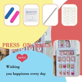 Valentines Press on Nails Short Square Rainbow Hearts Fake Nails with Design Colorful False Nails Cute Valentines Nails Full Cover Acrylic Glue on Nails Winter Spring Stick on Nails for Women 24Pcs