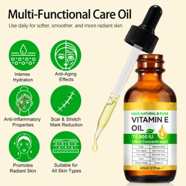 Vitamin E Oil, 75,000 IU 100% Natural for Skin, Face, Hair Growth, Eyebrows and Eyelashes - Moisturises Dry Skin and Makes Scars Fade, Hexane Free, 60 ml