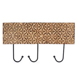 Ajuny Wooden Floral Leaf Design Wall Mounted Key Holder Rack with 3 Hook for Entryway, Mudroom, Kitchen, Hallway Decorative Key Cloth Holder Hanger (Brown, 37.5X21 Cm)