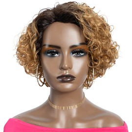 Rebecca Fashion Short Curly Human Hair Wigs for Black Women Cute Curly Bob Wig Side Part Brazilian Remy Non Lace Glueless Wigs Natural Looking Ombre Dark Brown to Honey Blonde Color