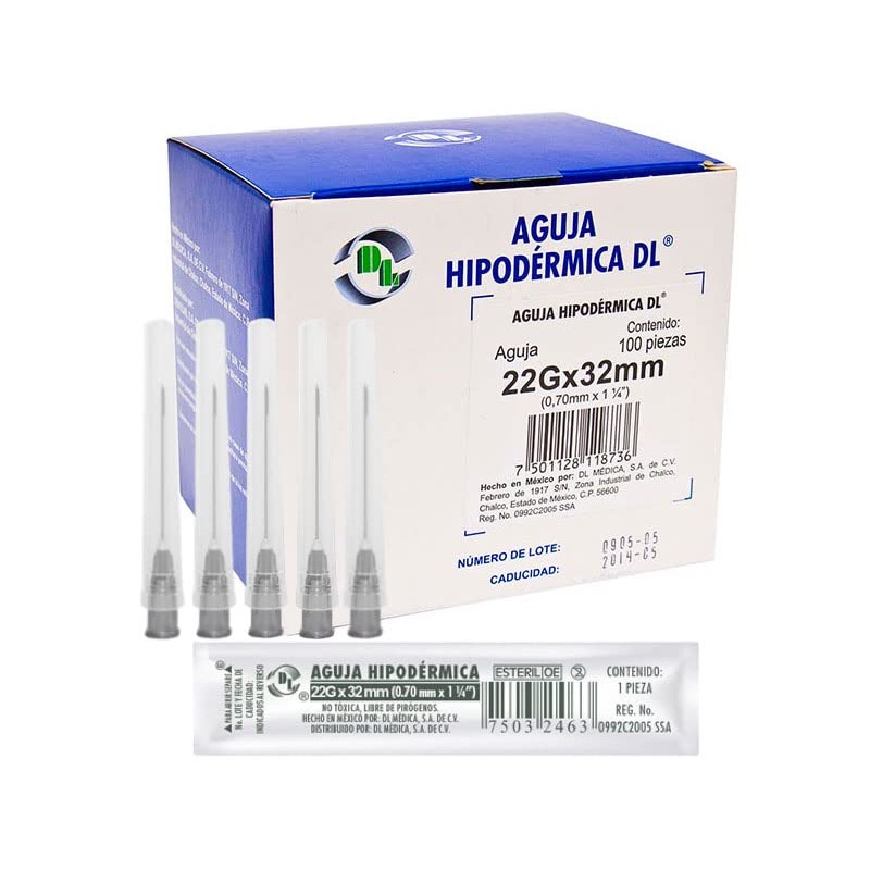 Caja 100 Agujas Hipodérmica Desechable Calibre 22G x 32 mm