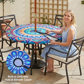 pickyNproud Round Tablecloth with Umbrella Hole and Zipper, Waterproof Wipeable Table Cloth for Outdoor Patio Umbrella Table, Heavy Duty Table Cover for Picnic Garden BBQ
