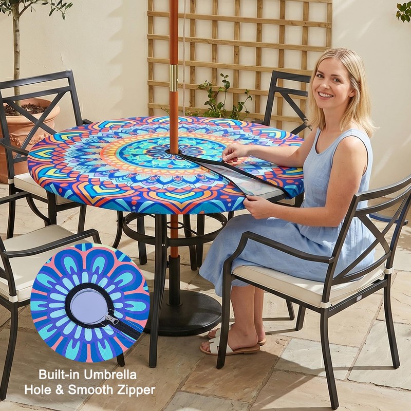 pickyNproud Round Tablecloth with Umbrella Hole and Zipper, Waterproof Wipeable