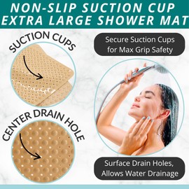 ENKOSI Extra Large Shower Mat Non Slip - 47 x 32 inch - XL Bathroom Shower Mat - Large Shower Mats for Shower Stall Floors - Secure Suction Cups and Drain Holes (47x32 Beige Opaque)