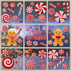 9 Sheet Christmas Window Clings Double-Sided Christmas Candy Scepter Gingerbread Man Window Decals Holiday PVC Stickers for Winter New Year Home Shop Window Glass Display Decoration