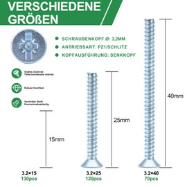 Foliv 320 pieces device screws for switch boxes, machine screws, assortment box, diameter 3.2 x 15 mm, 3.2 x 25 mm, 3.2 x 40 mm, countersunk screws made of galvanised steel with PZ1/slot, for repair unstable sockets