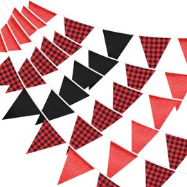 G2PLUS Burlap Fabric Gingham Bunting Banner: 36PCS Large Outdoor Triangle Flags, 10m Black and Red Vintage Bunting Banner for Birthday, Wedding, Graduation Ceremony, Garden Party Decoration