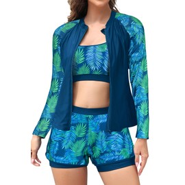 SHEKINI Women's 3 Piece Rash Guard Zipper Long Sleeve Wetsuit Top Padded Sports Bra with Boyshort, Green Blue Green Leaves, Small
