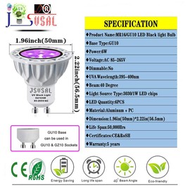 JSVSAL LED Blacklight Bulbs,MR16 GU10 Base,AC 85-265V 6W,Wavelength 395-400nm, Glow in The Dark for Blacklight Party,Stage Lighting,DJ Dance Party,Holiday Decorations,Not Dimmable,4-Pack